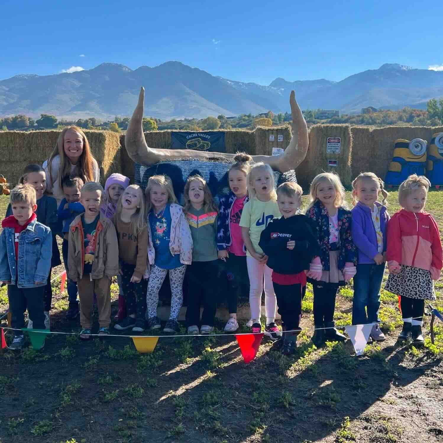 A group of kids at the straw maze