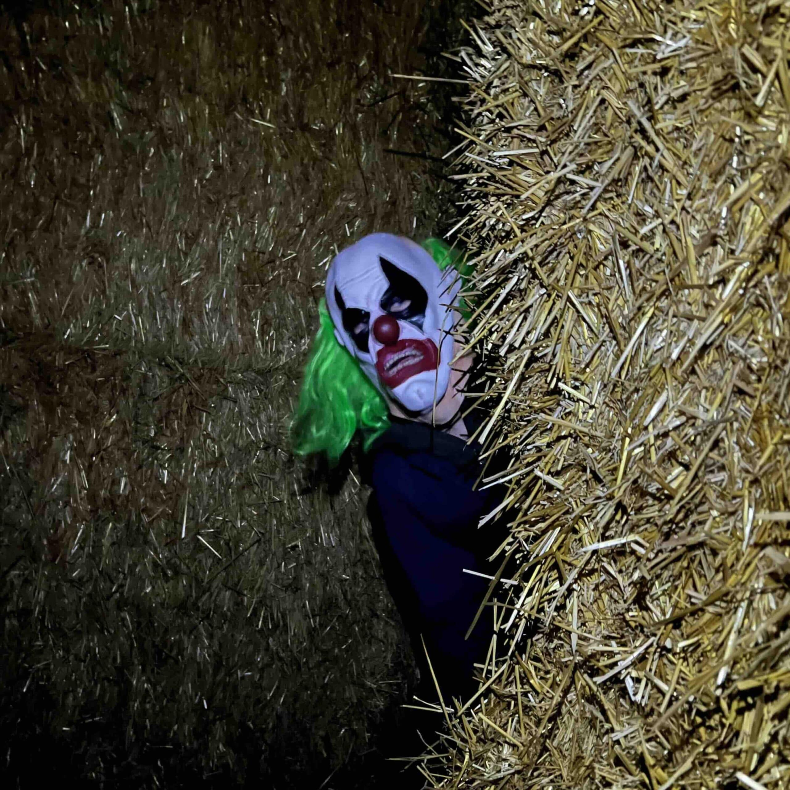 A creepy clown peeking around a corner of a straw maze
