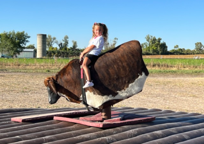 A young girl riding a mechanical bull